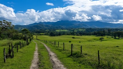 Poster - A dirt road winds through a vibrant green pasture, leading towards a majestic mountain range under a partly cloudy sky.  The scene evokes a sense of tranquility and rural peace. : Generative AI