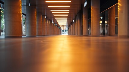 Leinwandbilder - Modern architecture hallway with warm lighting, concrete pillars, and reflective floor, creating a sleek and minimalist atmosphere. : Generative AI