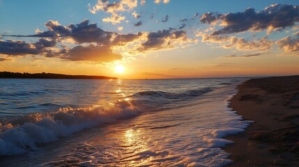 Leinwandbilder - Serene sunset over calm ocean waves gently lapping a sandy shore, with a picturesque sky filled with vibrant orange and golden clouds. : Generative AI
