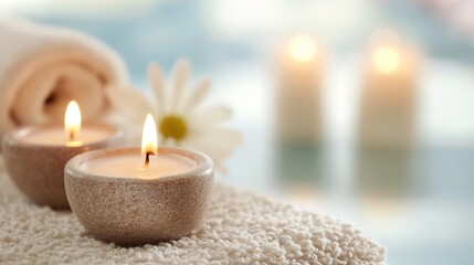 Poster - Two lit candles in beige holders rest on a fluffy white towel, with a blurred background of more candles and a daisy. : Generative AI