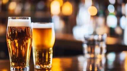 Poster - Two glasses of golden beer sit on a bar counter, illuminated by warm lighting, creating a cozy pub atmosphere. The background is blurred, showing a lively bar setting. : Generative AI