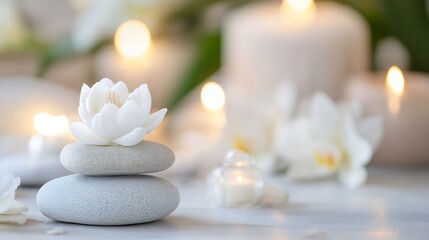Aufkleber - Serene spa scene: a white lotus blossom rests atop smooth, gray stones, illuminated by soft candlelight and surrounded by delicate white flowers. : Generative AI