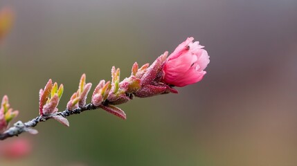 Poster - A delicate pink flower bud, frosted with ice crystals, emerges from a branch, showcasing early spring growth against a blurred natural background. : Generative AI