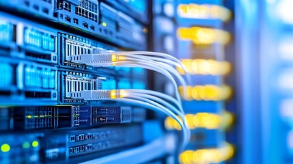 Poster - Close-up view of fiber optic cables connected to a server rack in a data center, showcasing the intricate network infrastructure and high-speed connectivity. : Generative AI