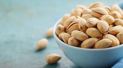 Aufkleber - Close-up view of a bowl filled with roasted pistachios, showcasing their creamy beige color and slightly opened shells.  The nuts are nestled together, creating a visually appealing te : Generative AI