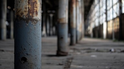 Aufkleber - Close-up view of a weathered, grey metal pillar in an abandoned industrial building, showing rust and peeling paint, with blurred background of additional pillars and large windows. : Generative AI
