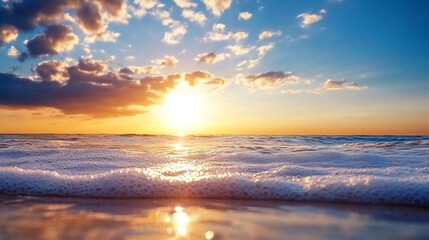 Fototapete - Golden sunset over ocean waves, close-up view of foamy water, sun reflecting on sea surface, dramatic sky with clouds, peaceful beach scene. : Generative AI