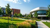 Modern Campus Architecture Green Landscaping Sunny Day University Buildings