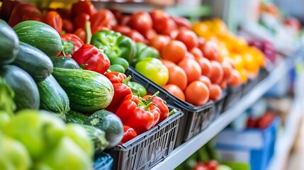 Poster - Vibrant red bell peppers and green zucchini displayed in black plastic crates at a farmer's market, showcasing fresh produce and healthy eating. : Generative AI