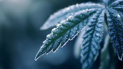 Aufkleber - Close-up of a frost-covered cannabis leaf, showcasing intricate details and a cool, serene color palette.  The icy crystals glisten in the soft light, creating a visually stunning wint : Generative AI