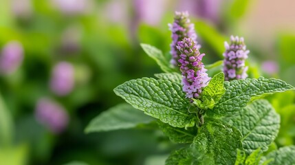 Poster - Close-up view of vibrant purple flowers blooming on a lush green mint plant, showcasing the detailed texture of leaves and blossoms in a natural garden setting. : Generative AI