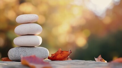 Aufkleber - Serene autumn scene featuring a stack of smooth, light-colored stones balanced precariously on a larger grey stone, with fallen autumn leaves nearby, set against a blurred background o : Generative AI