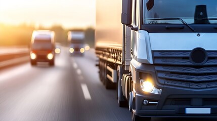 Poster - Semi-truck driving on highway at sunset, other vehicles blurred in background, transportation, logistics, trucking industry, road, travel, journey, speed, motion, light, sun, golden ho : Generative AI