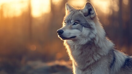 Aufkleber - Majestic arctic wolf silhouetted against a vibrant sunset, showcasing its thick fur and piercing gaze.  The golden hour light illuminates its features, creating a dramatic and captivat : Generative AI