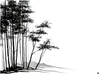 Aufkleber - Monochromatic Ink Wash Painting of Bamboo Forest, Featuring Tall Stalks and Lush Foliage, Creating a Serene and Peaceful Atmosphere.