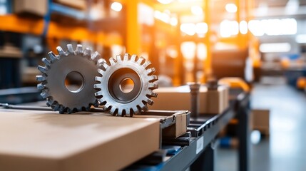 Aufkleber - Close-up of two metallic gears resting on a conveyor belt in a factory setting, with blurred background of orange machinery and boxes. : Generative AI
