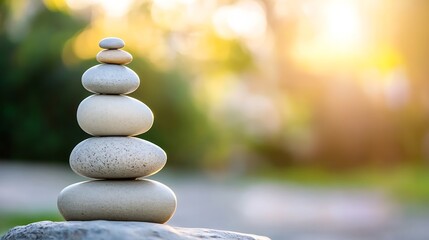 Aufkleber - Serene Stack of Balanced Grey Stones at Sunset, Peaceful Zen Garden Scene, Nature Photography : Generative AI
