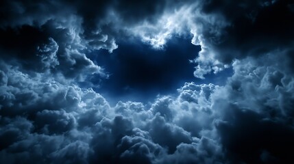 Aufkleber - A dramatic night sky filled with dark, brooding cumulus clouds, creating a moody atmosphere with a central opening revealing a deep blue expanse. : Generative AI