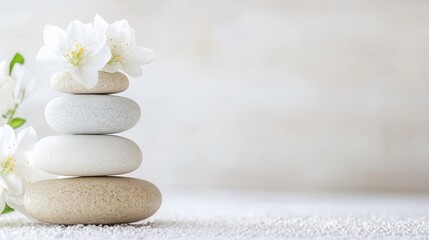 Aufkleber - Serene spa scene: a delicate stack of smooth, light-colored stones topped with pristine white blossoms, rests on a bed of small white pebbles against a soft, neutral backdrop. : Generative AI