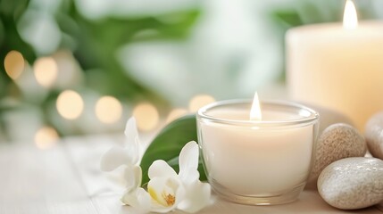 Aufkleber - Serene spa setting with lit candles, white orchids, and smooth stones, creating a calming and peaceful atmosphere. : Generative AI