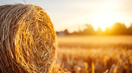 Fototapete - Close-up of a golden hay bale in a sun-drenched field at sunset, showcasing the texture and color of the straw. : Generative AI