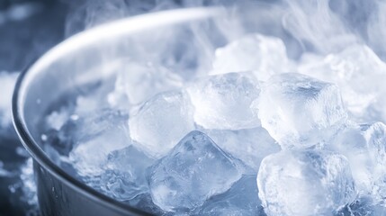 Aufkleber - Close-up of many ice cubes in a stainless steel bowl, with a slight fog or vapor rising, creating a cool, refreshing, and frosty atmosphere. : Generative AI