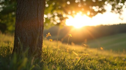Poster - Golden hour sunlight illuminates a tree trunk and wildflowers in a lush green meadow, creating a serene and peaceful nature scene. : Generative AI