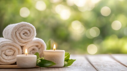 Aufkleber - Spa treatment concept: Rolled white towels, two lit candles, and green leaves on a wooden surface, with a blurred green nature background. : Generative AI