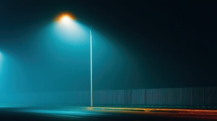 Wall Mural - mysterious night scene with streetlights illuminating a foggy road and fence in background
