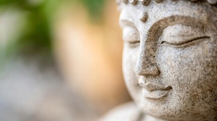 Aufkleber - Close-up view of a serene stone Buddha statue, its face exhibiting peace and tranquility against a softly blurred natural background of greens and golds. : Generative AI