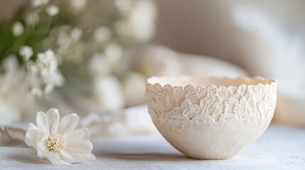 Aufkleber - Elegant off-white ceramic bowl with lace detailing sits on a white linen surface, next to delicate white flowers, creating a serene and minimalist scene. : Generative AI