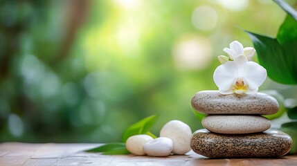Aufkleber - Serene spa scene featuring a white orchid delicately placed atop a stack of smooth, gray and brown stones, set against a blurred green natural background. : Generative AI