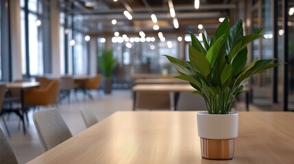 Poster - Modern office interior with a peace lily plant in a copper pot on a light wood table, blurred background of desks and chairs. : Generative AI