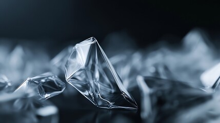 Aufkleber - Abstract close-up of multifaceted, translucent crystals, resembling ice shards or gemstones, scattered on a dark surface.  The image evokes a sense of coolness and mystery. : Generative AI