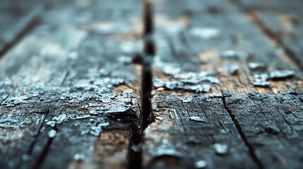 Poster - Close-up view of weathered, dark wood planks with a crack running down the center, showing texture and grain detail, a cool-toned palette of blues and grays. : Generative AI
