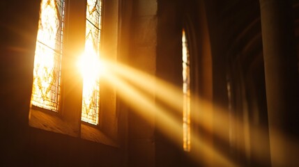 Poster - Sunbeams illuminate a church's stained glass window, casting warm golden light across the stone interior, creating a serene and spiritual atmosphere. : Generative AI