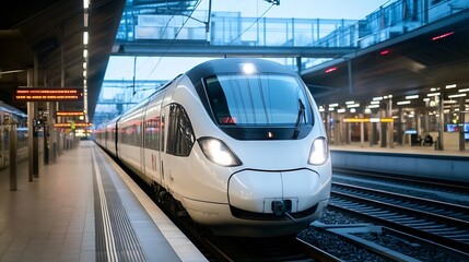 Aufkleber - Modern high-speed train arriving at a modern railway station platform during twilight hours, showcasing sleek design and advanced technology. : Generative AI
