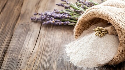 Aufkleber - Flour spilling from burlap sack, lavender flowers nearby on rustic wooden surface.  A sprig of wheat adds a touch of rustic charm to this baking scene. : Generative AI