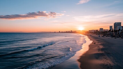 Poster - Serene sunset over a coastal city beach, with gentle waves lapping the shore and a warm orange glow illuminating the sand and buildings. : Generative AI