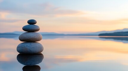 Leinwandbilder - Serene sunset landscape featuring a balanced stack of grey stones on calm water, reflecting the peaceful sky and distant mountains. : Generative AI