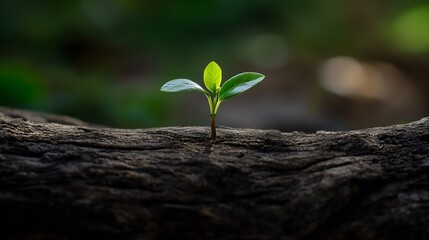 Leinwandbilder - A tiny sprout emerges from dark, textured earth, showcasing resilience and new life against a blurred green background.  The delicate leaves reach towards the sunlight. : Generative AI