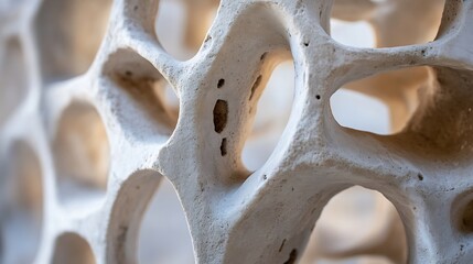 Aufkleber - Close-up view of a porous, off-white stone structure with intricate, interconnected cavities and a rough texture, exhibiting a complex network of openings and pathways. : Generative AI