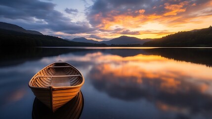 Poster - Serene sunset over a calm lake, a wooden rowboat gently floats on the still water, reflecting the fiery colors of the sky and the silhouettes of distant mountains. : Generative AI