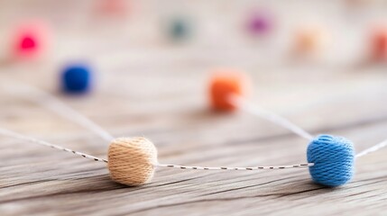 Leinwandbilder - Close-up of colorful yarn balls connected by string on wooden surface, suggesting networking or connection concept. : Generative AI