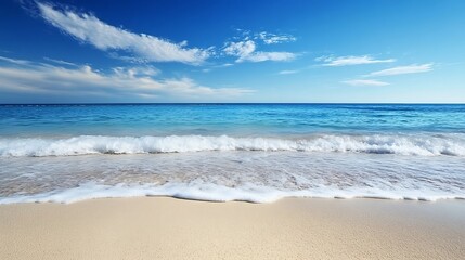Aufkleber - Serene coastal scene: gentle waves caress a pristine sandy beach under a vibrant blue sky dotted with fluffy white clouds. : Generative AI