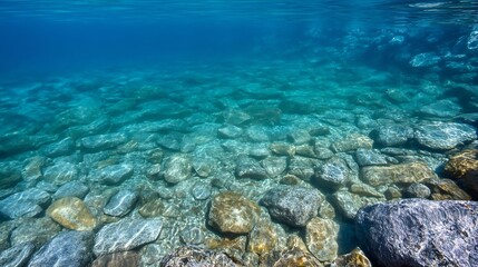 Poster - Underwater scene of clear turquoise water over a bed of smooth, grey and brown rocks, sunlight filtering through the surface. : Generative AI