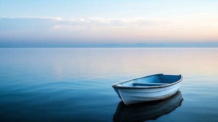 Aufkleber - Serene sunset scene featuring a small, white rowboat gently bobbing on calm, blue water, with a hazy mountain range visible on the horizon. : Generative AI