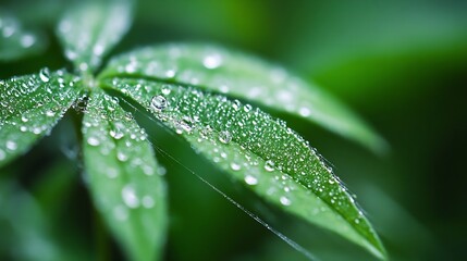 Poster - Close-up of a vibrant green leaf glistening with morning dew, delicate spider silk delicately draped across its surface, showcasing the beauty of nature's details. : Generative AI
