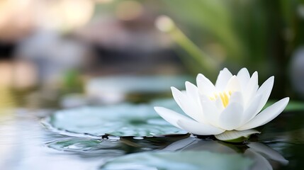 Poster - Serene white water lily blossom floats gently on calm pond water, reflecting its delicate petals and vibrant yellow stamen.  Peaceful nature scene. : Generative AI