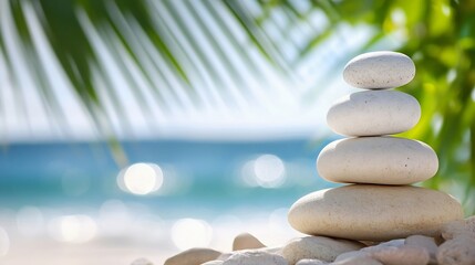 Poster - Serene beach scene featuring a balanced stack of smooth, white stones against a blurred ocean and palm leaves background, evoking tranquility and peace. : Generative AI